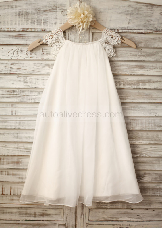 Cap Sleeves Lace Chiffon Boho Beach Wedding Flower Girl Dress